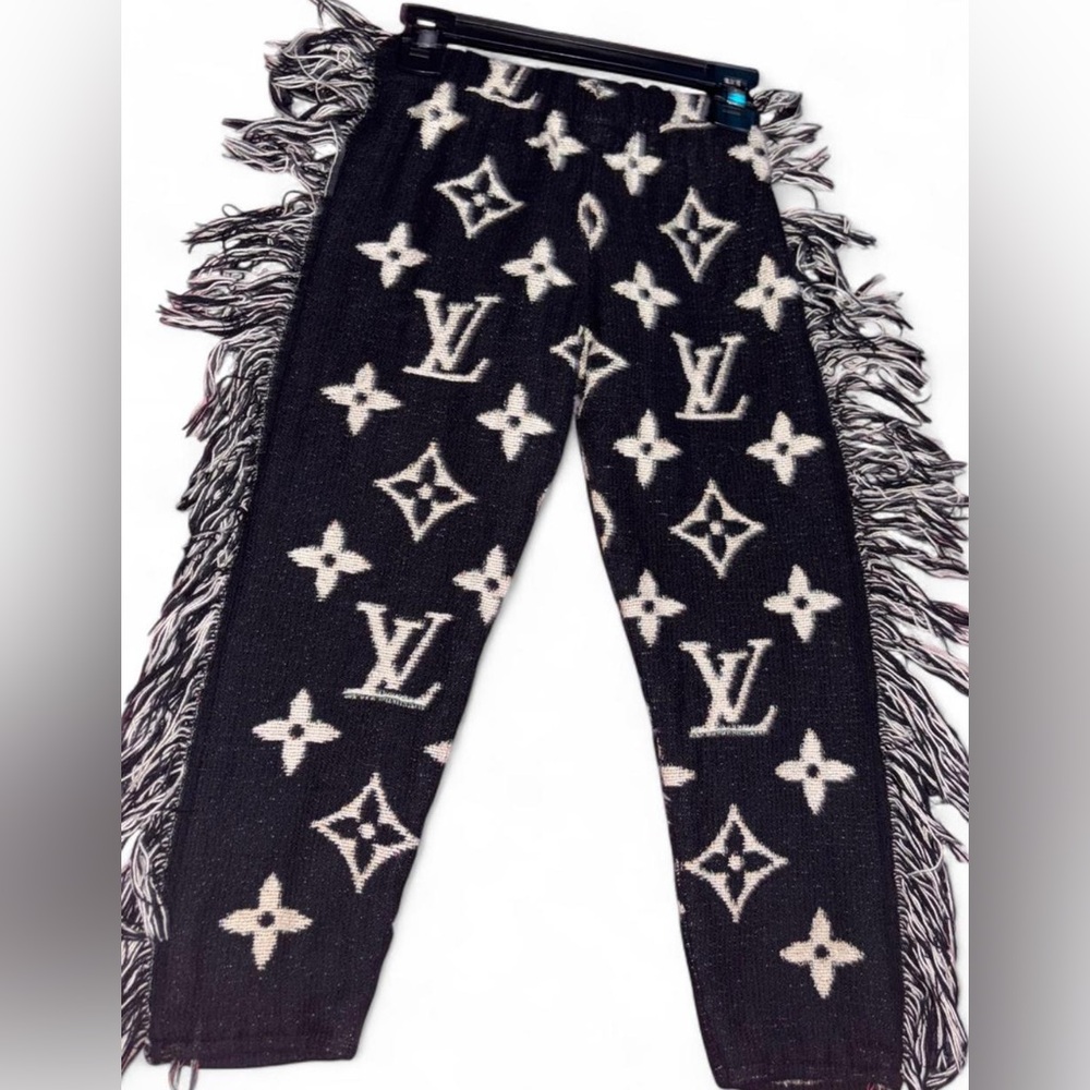 Custom LV Black and Cream Monogram Fringe blanket pants 4t